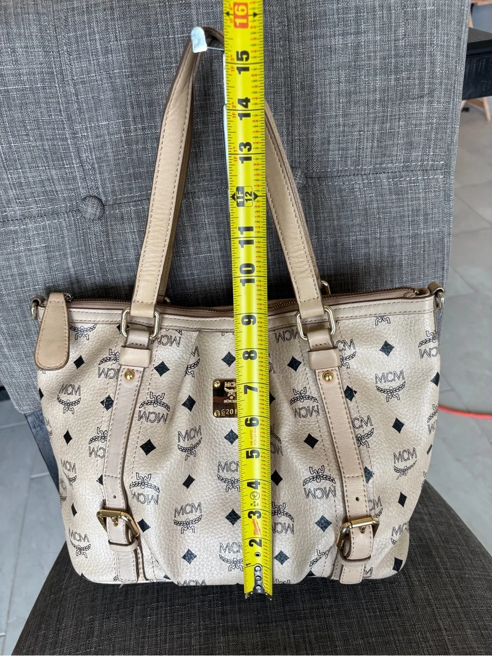 MCM Beige Logo Tote Bag - Classic Printed Leather